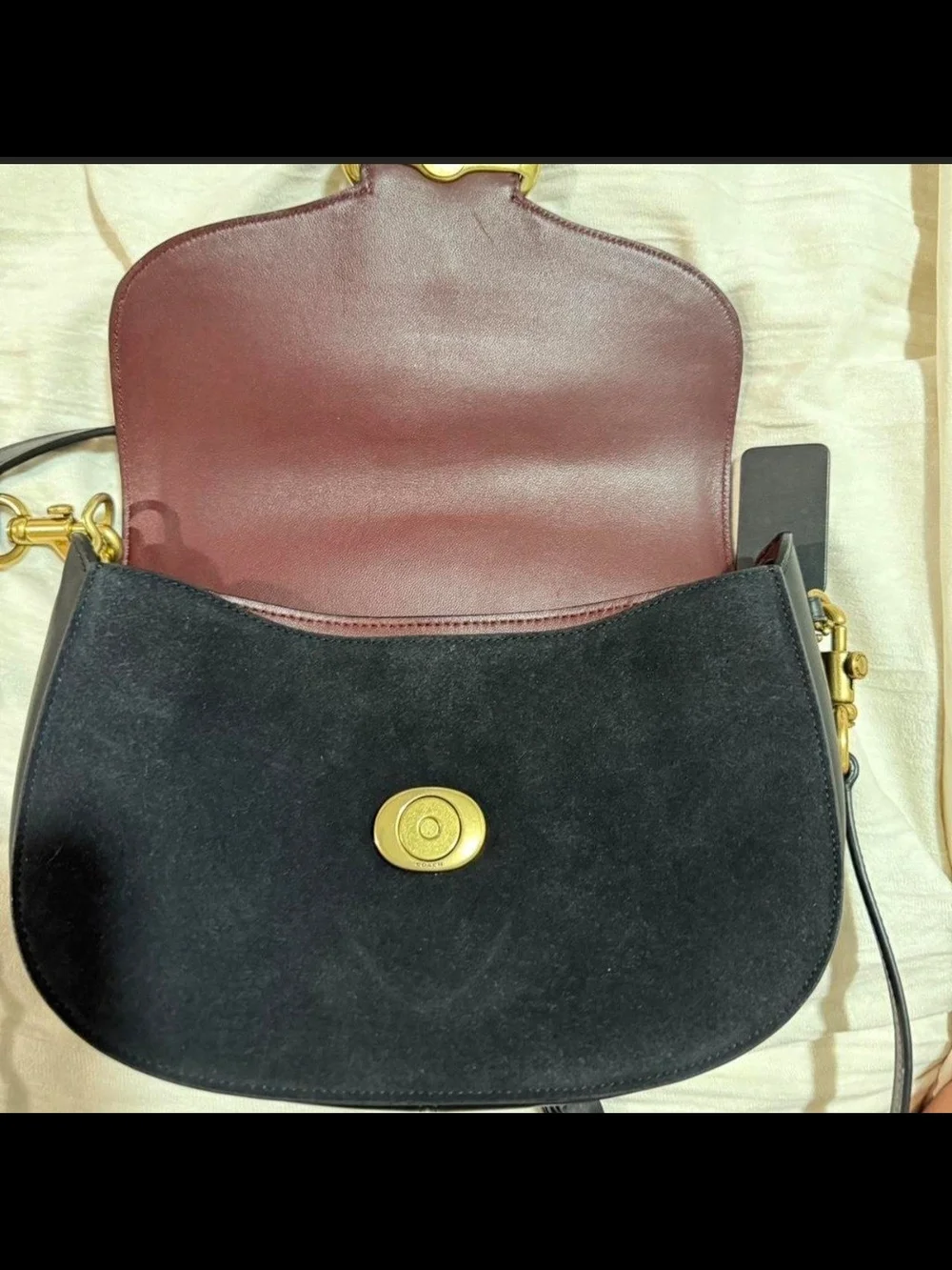 Coach Black Suede and Leather Saddle Crossbody with Gold Hardware